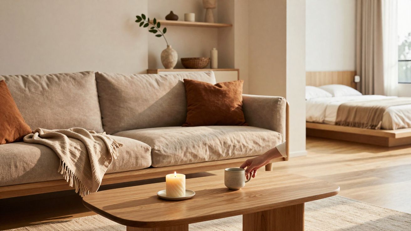 Sala de estar com sofá bege, almofadas marrons, mesa de madeira com vela e mão segurando caneca.