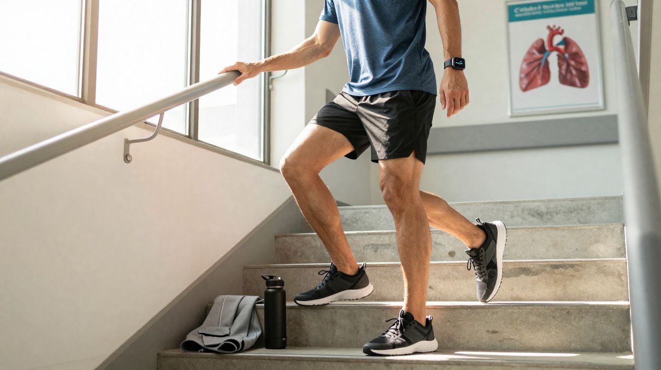Homem descendo escada segurando corrimão, com garrafa e toalha ao lado, em ambiente claro e arejado.