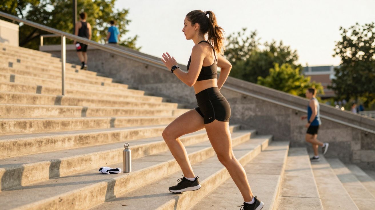 Mulher correndo subindo degraus ao ar livre em roupa esportiva preta durante o dia.