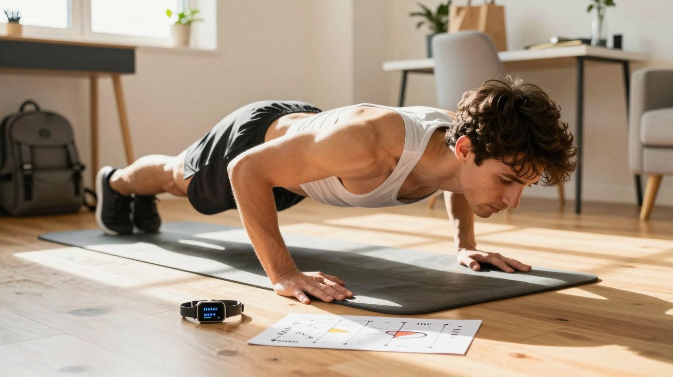 Homem fazendo flexão em tapete em casa, com relógio fitness e gráfico no chão ao lado.