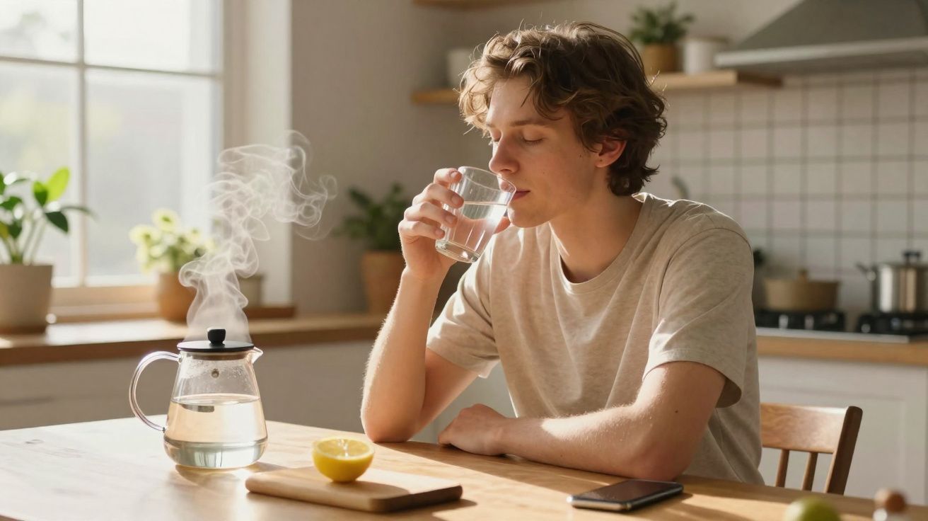 Jovem sentado à mesa tomando água, com chaleira vaporando e meio limão sobre tábua na cozinha iluminada.