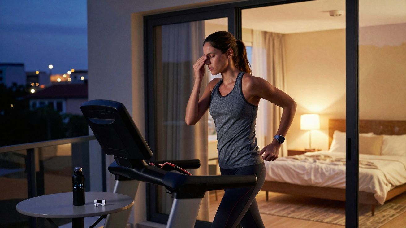 Mulher vestindo roupa de ginástica faz pausa sentindo cansaço durante exercício em esteira na varanda à noite.