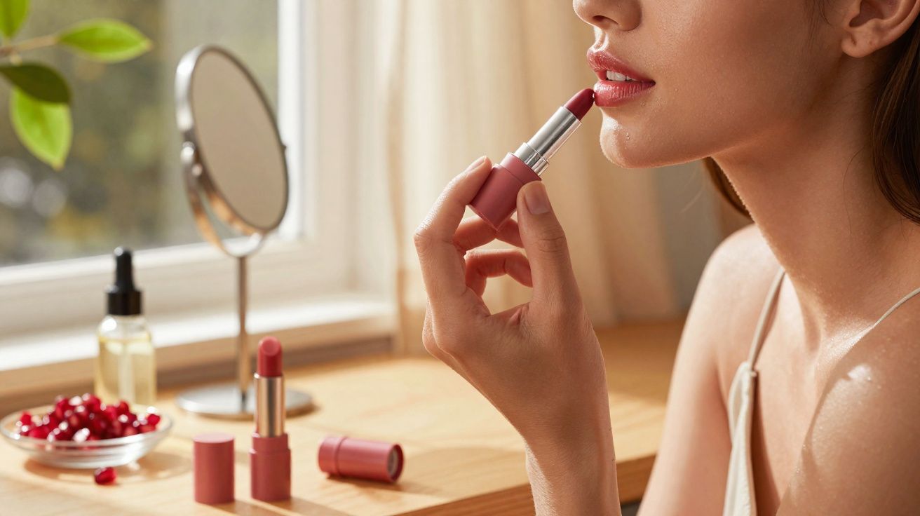 Mulher aplicando batom rosa em frente a espelho com mesa, frutas vermelhas e cosméticos ao fundo.