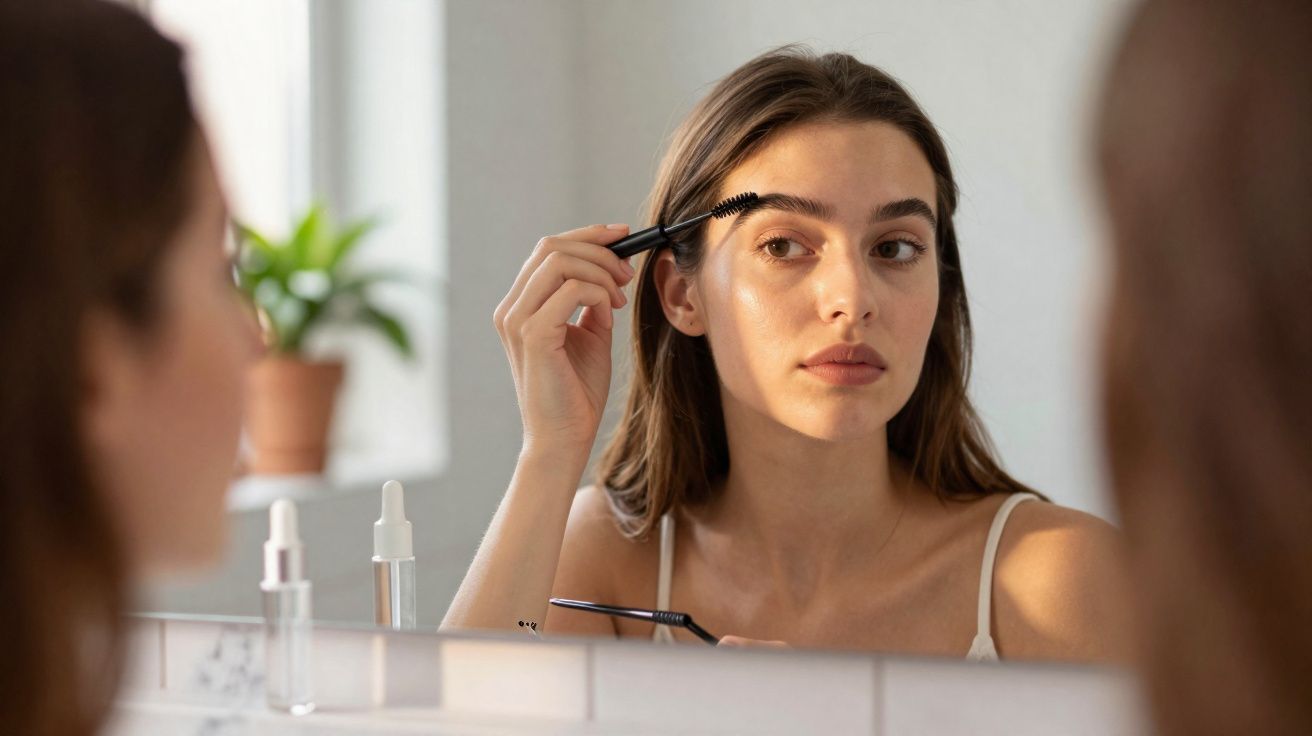 Mulher aplicando maquiagem nas sobrancelhas em frente ao espelho, com produtos de beleza sobre a bancada.