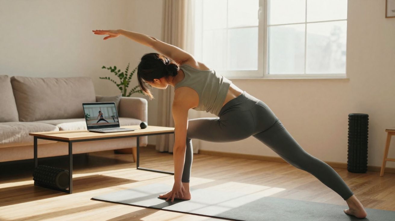 Mulher praticando yoga em casa com tapete e vídeo no laptop na sala iluminada pela janela.