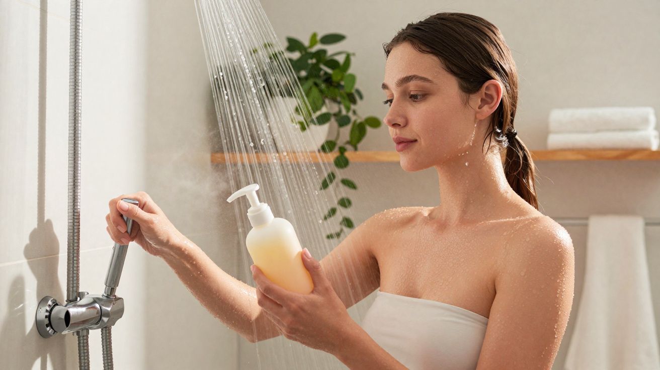 Mulher tomando banho, segurando sabonete líquido sob água corrente no chuveiro.