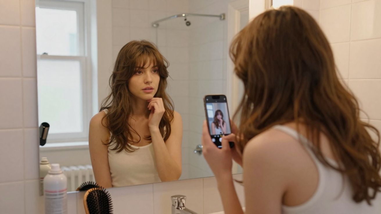 Mulher de camiseta branca tirando foto de si mesma no espelho de banheiro branco.