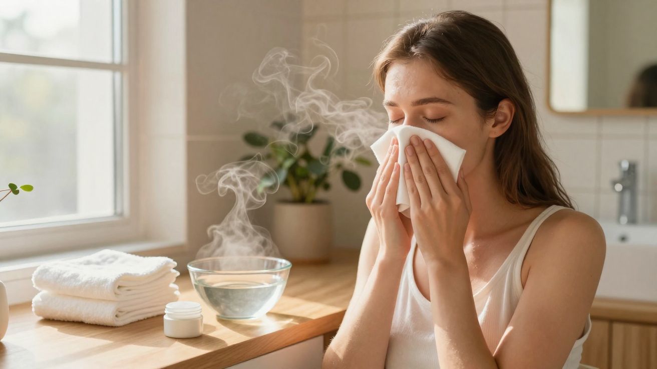 Mulher usando toalha para inalar vapor quente em ambiente ensolarado, com toalhas e plantas ao fundo.