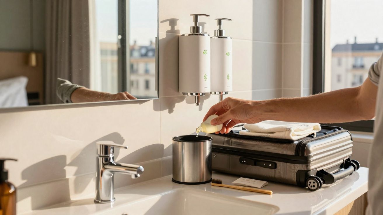 Pessoa colocando líquido em recipiente ao lado de mala e objetos de higiene em pia de banheiro moderno.