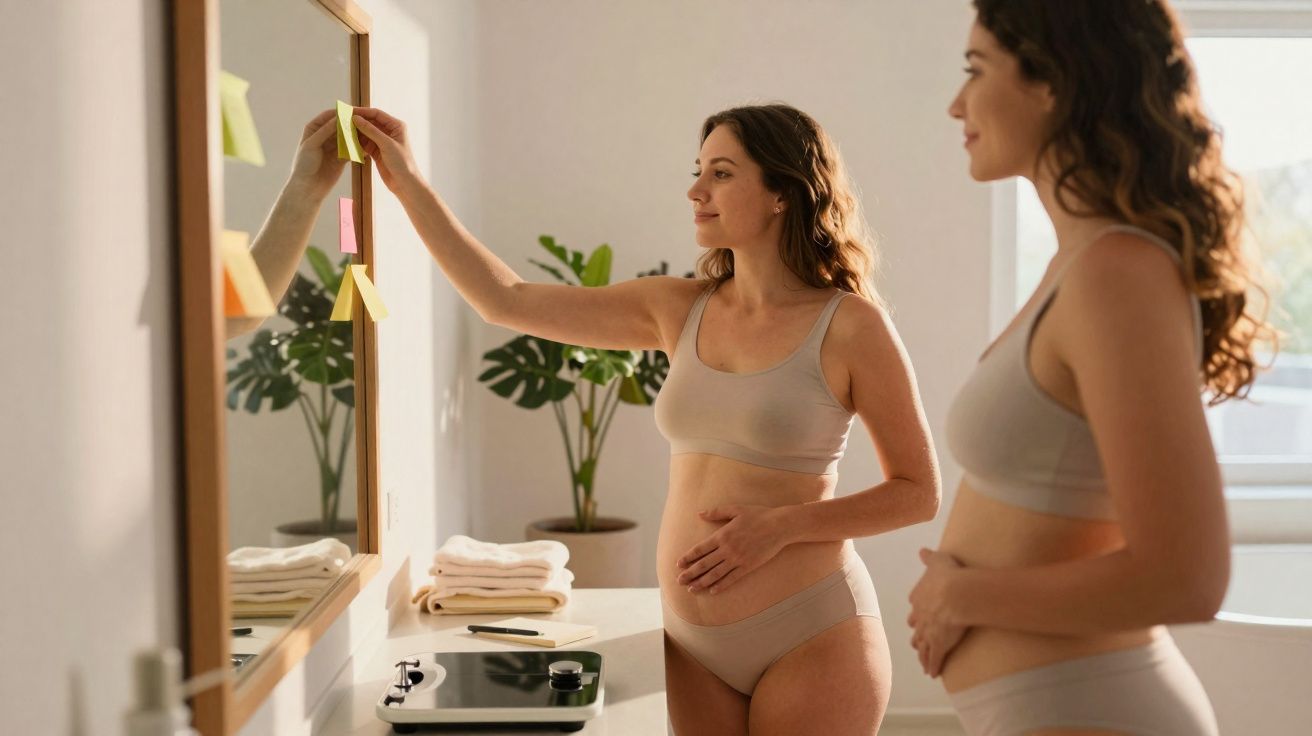 Mulher grávida em roupa íntima coloca recado adesivo no espelho de banheiro iluminado por luz natural.