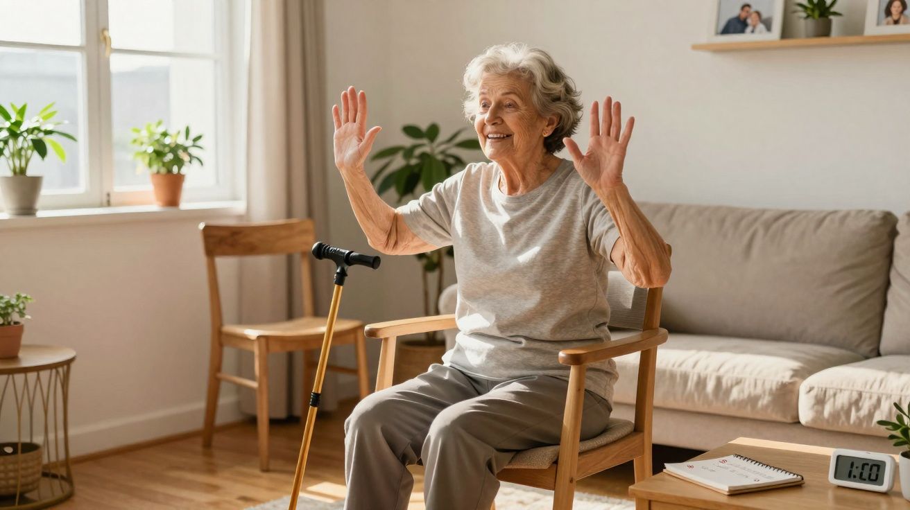 Mulher idosa sentada em cadeira faz exercícios de alongamento com as mãos levantadas em sala iluminada.