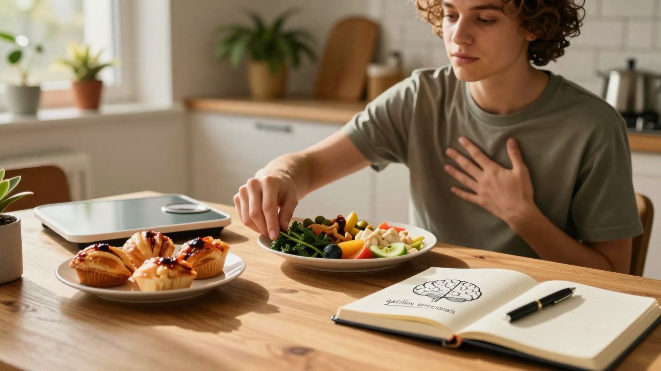 Pessoa sentada à mesa com mão no peito, escolhendo salada ao lado de doces e caderno aberto com desenho de cérebro.