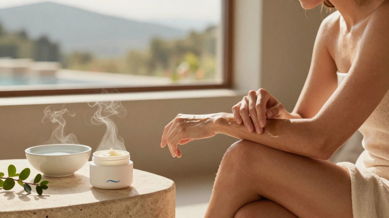 Mulher aplicando creme hidratante no braço, ambiente iluminado com mesa e vasos ao fundo.