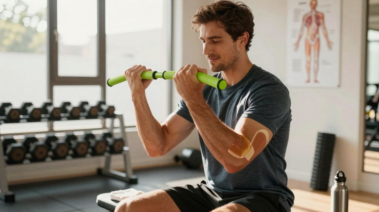 Homem fazendo exercício com bastão verde sentado em academia iluminada e usando adesivo no cotovelo direito.