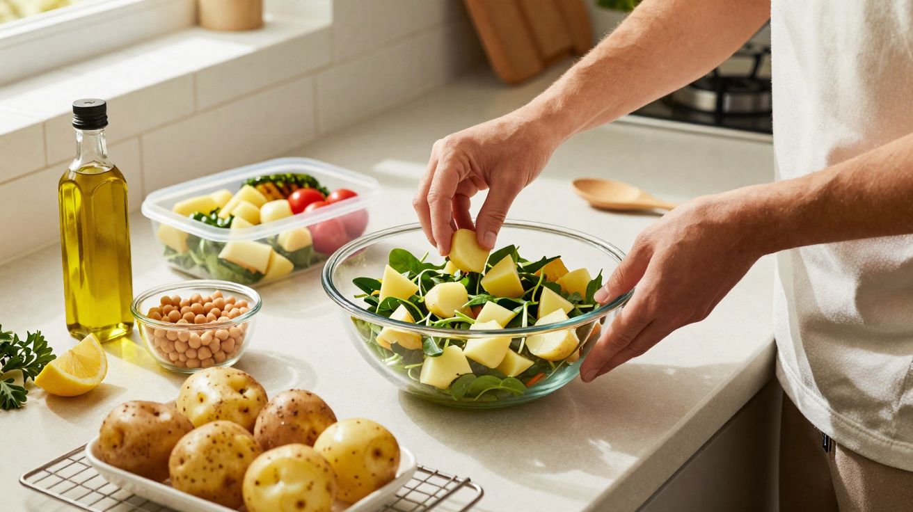 Pessoa preparando salada com folhas verdes e cubos de queijo em cozinha clara, com batatas e grão-de-bico na bancada.