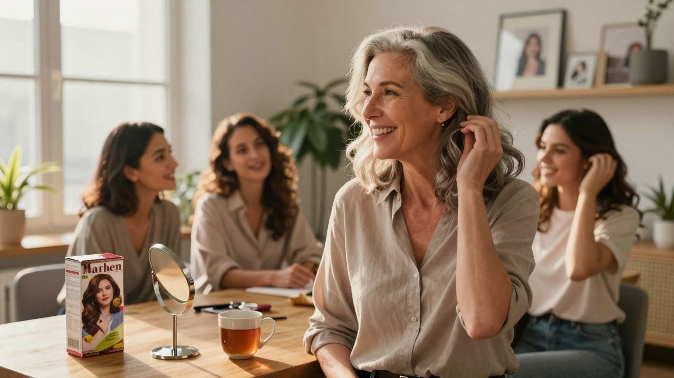 Grupo de mulheres sorrindo em ambiente interno com caixa de tintura de cabelo e espelho sobre a mesa.