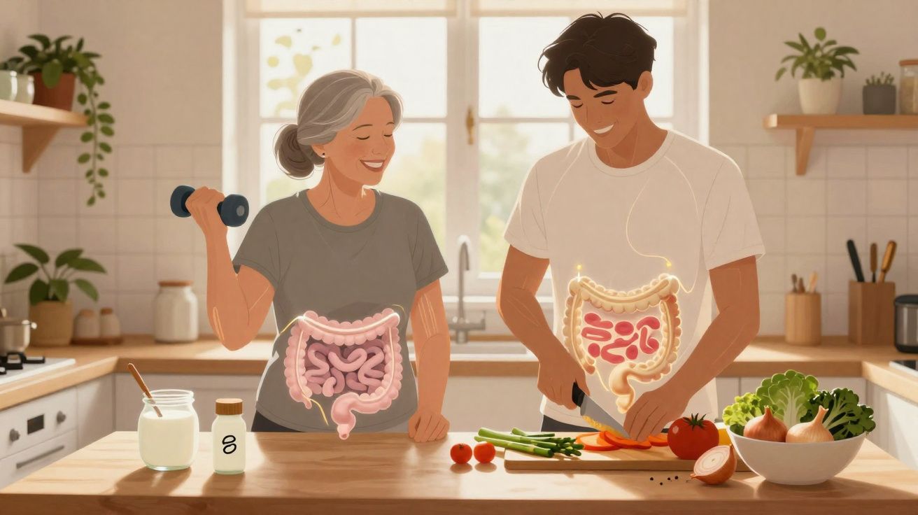 Duas pessoas na cozinha preparando alimentos, com ilustrações destacando seus sistemas digestivos.