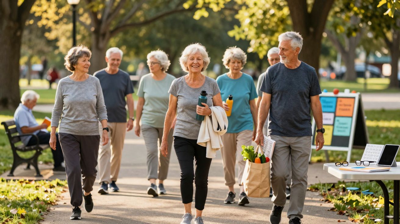 Grupo de idosos caminhando em parque ensolarado, sorrindo e conversando entre si.