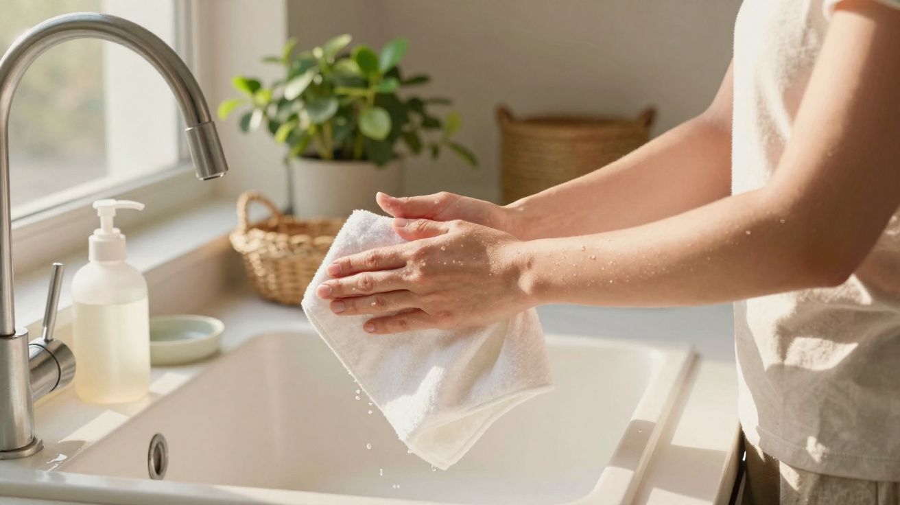 Pessoa lavando as mãos com toalha branca ao lado da pia, sabonete líquido e planta decorativa.