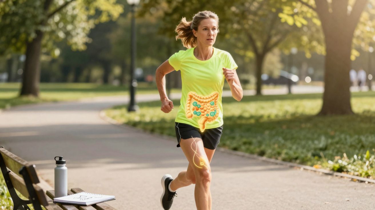 Mulher correndo em parque com ilustração do sistema digestivo e articulação do joelho destacadas.
