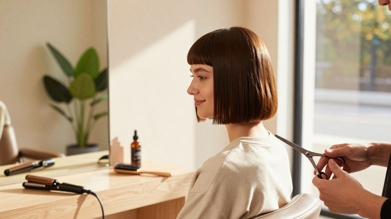 Mulher com cabelo curto recebe corte de cabelo em salão iluminado por luz natural.
