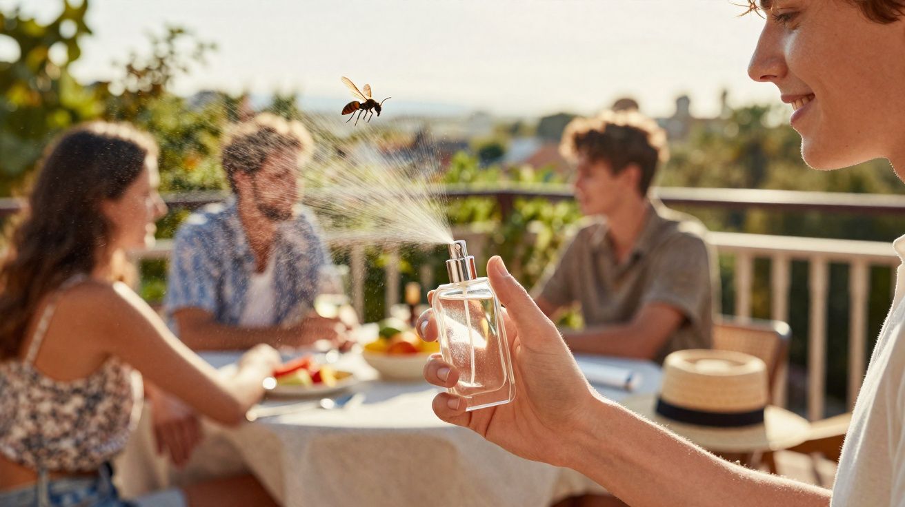 Pessoa borrifando repelente em direção a uma abelha enquanto amigos conversam em área externa.
