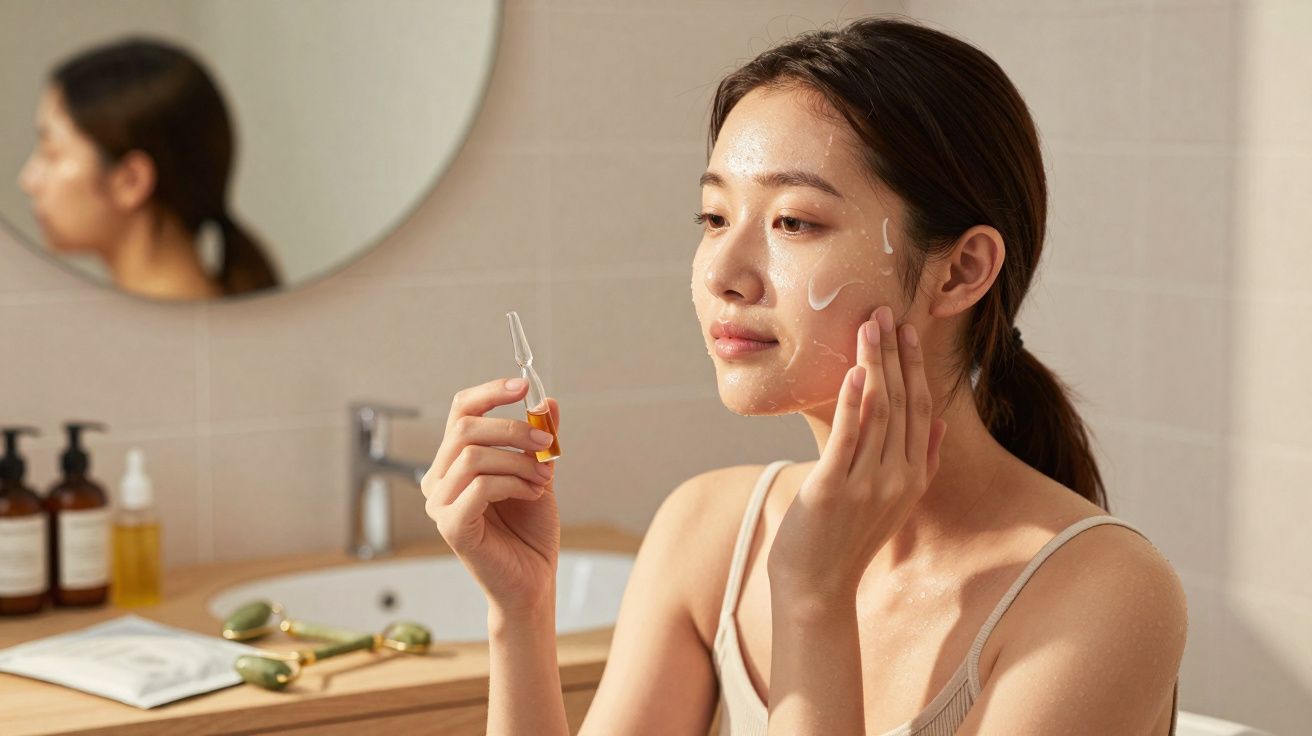 Mulher aplicando sérum facial no rosto em banheiro com reflexo no espelho.