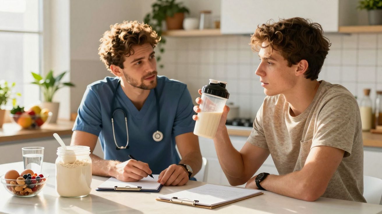 Jovem segurando copo com shake conversando com nutricionista em consultório moderno.