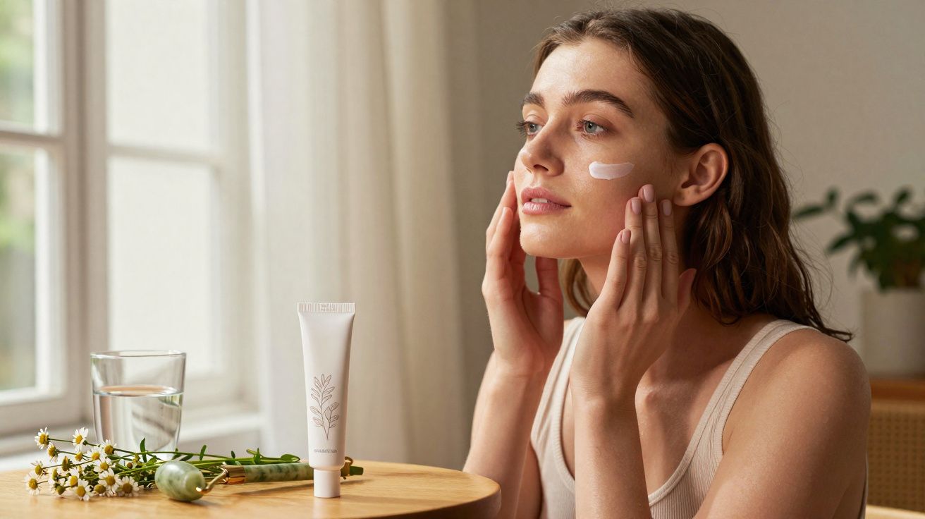 Mulher aplicando creme facial, sentada perto de uma mesa com flores e um copo d'água junto à janela.