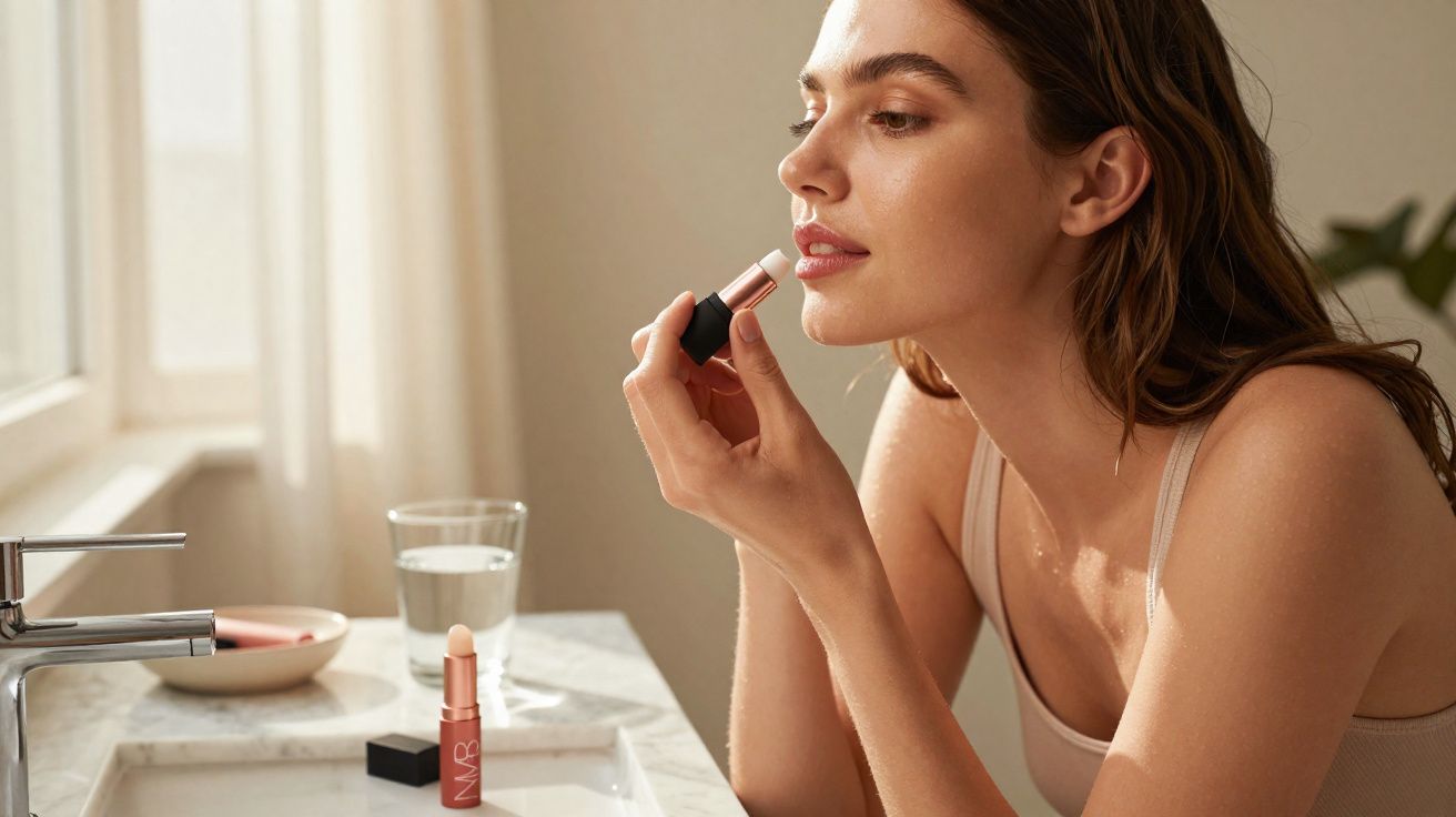 Mulher aplicando batom rosa em frente ao espelho em banheiro iluminado por luz natural.