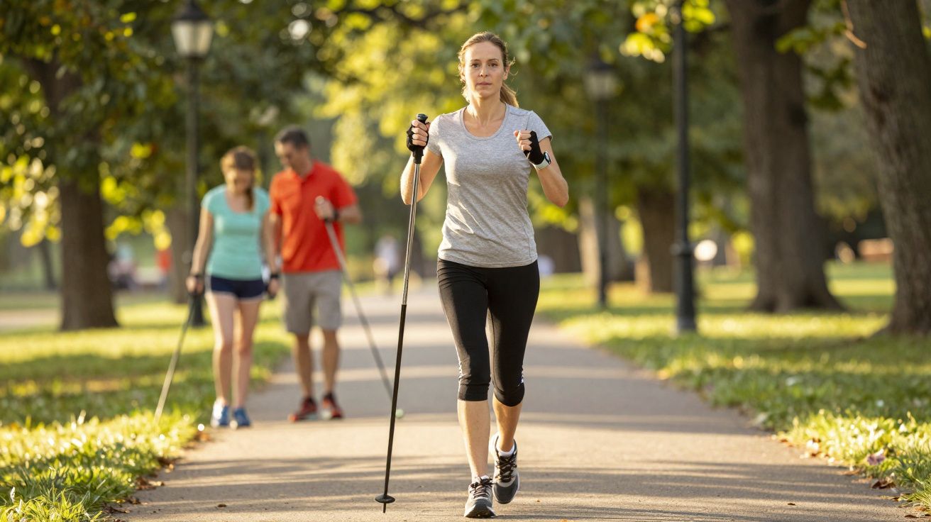 Mulher caminhando com bastão de caminhada, com outras duas pessoas ao fundo em parque ensolarado.