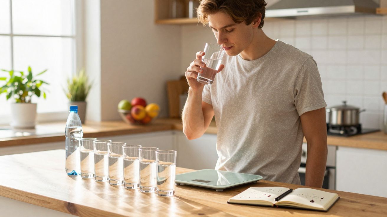 Jovem em cozinha moderna segurando copo d’água, com seis copos alinhados e caderno aberto sobre bancada.