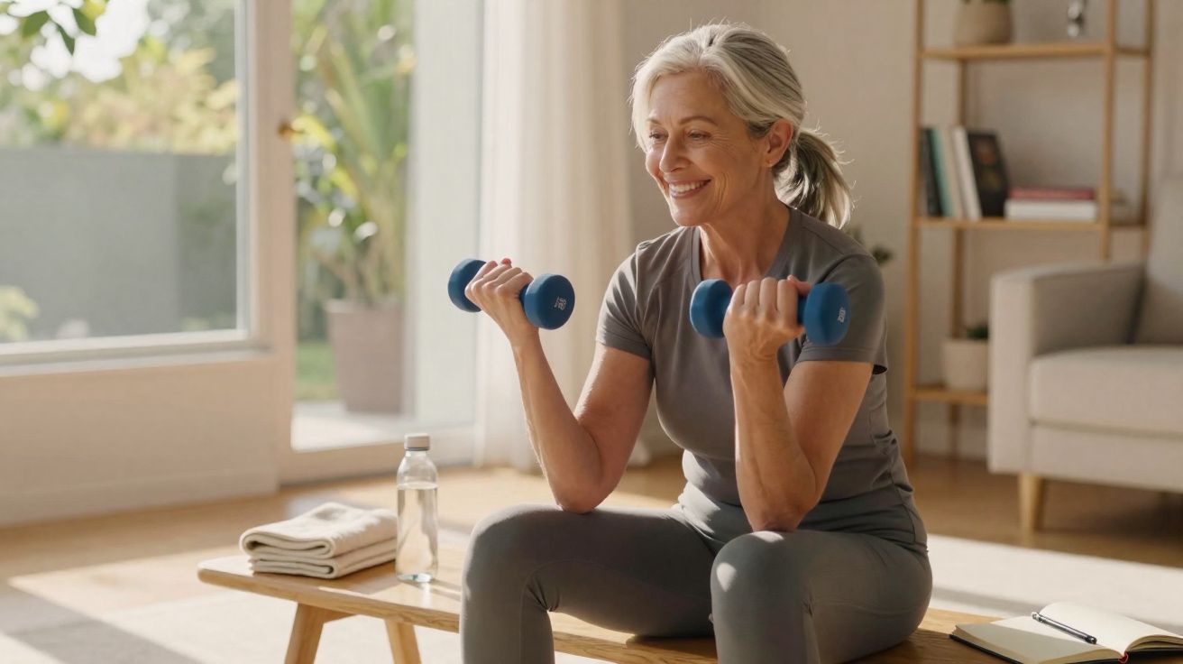 Mulher sorridente fazendo exercícios com halteres sentada em banco na sala iluminada.