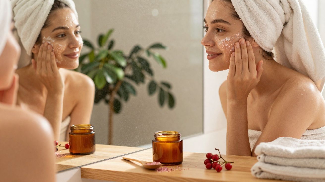 Mulher com toalha na cabeça aplicando creme facial em frente ao espelho em ambiente com planta e toalhas.