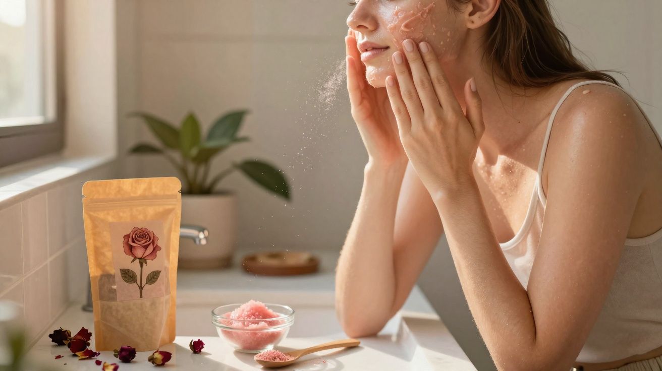 Mulher aplicando esfoliante facial rosa no rosto em banheiro com produtos naturais ao lado.