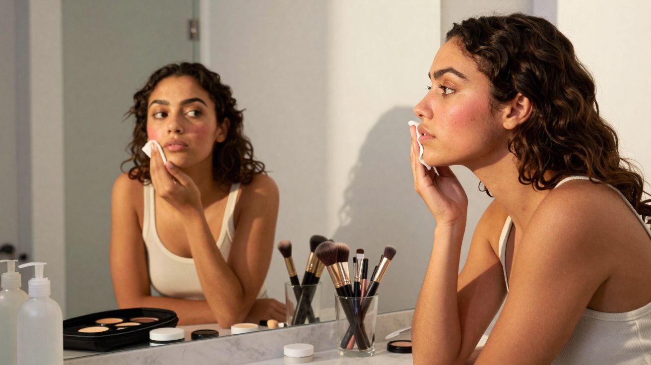 Mulher com regata branca aplicando maquiagem com algodão em frente ao espelho no banheiro.
