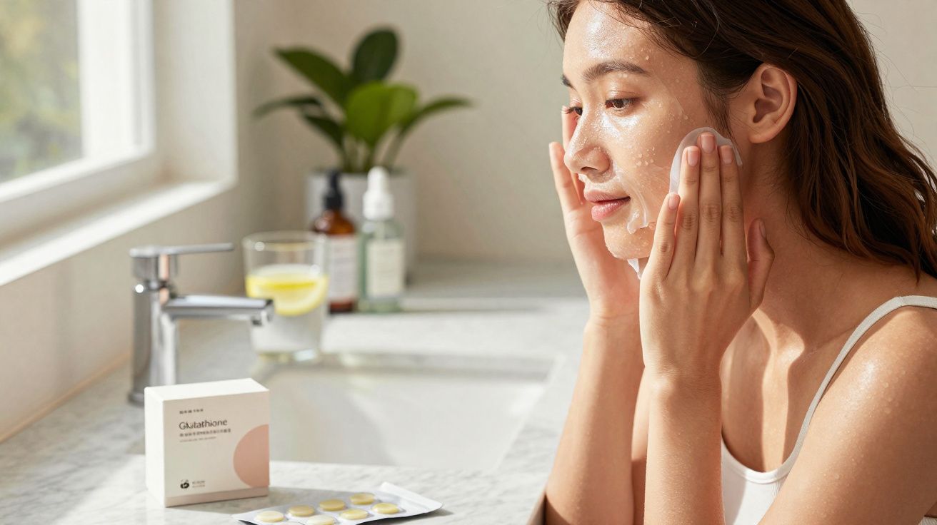 Mulher aplicando espuma facial em banheiro moderno com produtos de skincare sobre a pia.