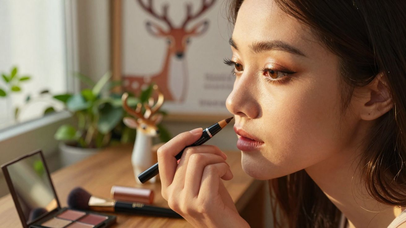 Mulher aplicando contorno no nariz com lápis de maquiagem, ao lado de produtos e pincéis em mesa.