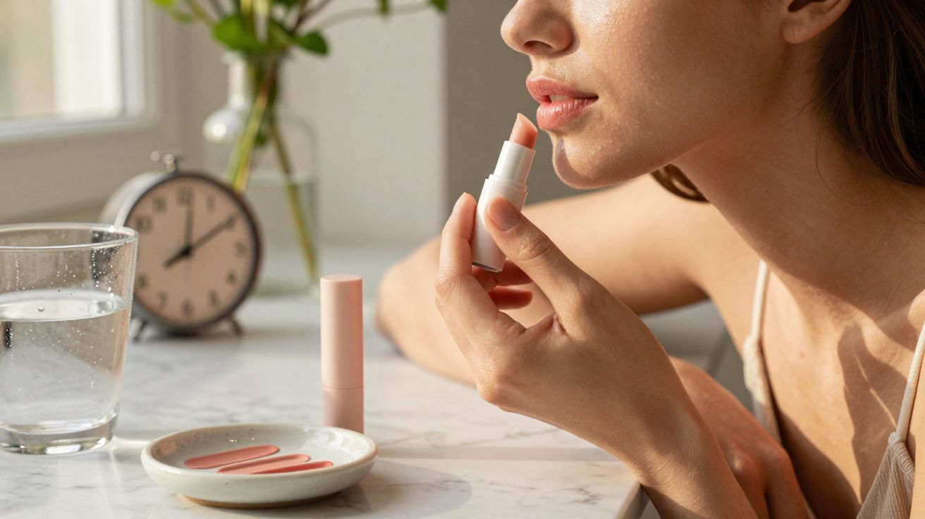 Mulher aplicando batom nude em ambiente iluminado próximo a um copo d'água e relógio sobre mesa.