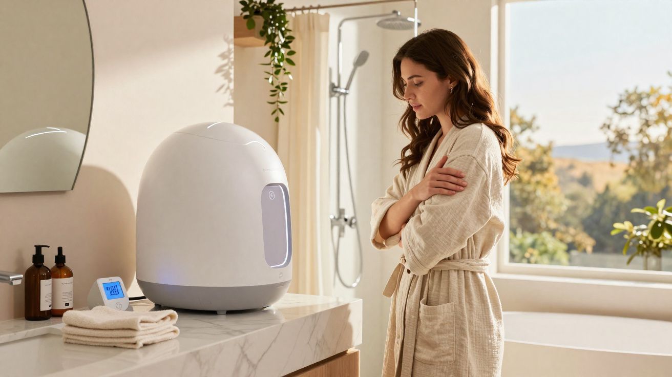 Mulher de roupão bege observa aparelho branco sobre bancada em banheiro iluminado.