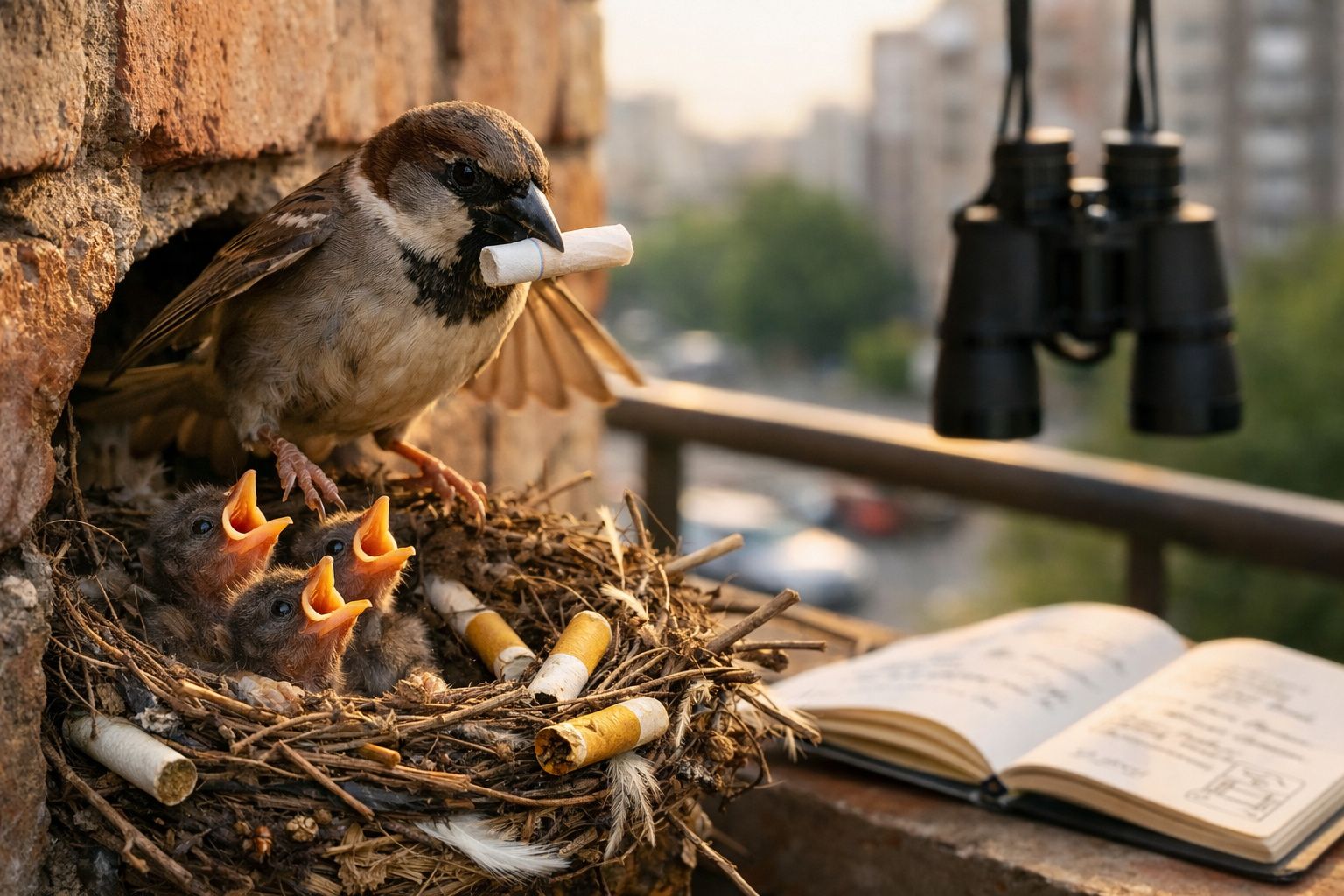 Pássaro em ninho com filhotes e bitucas de cigarro, segurando um pedaço enrolado na boca.