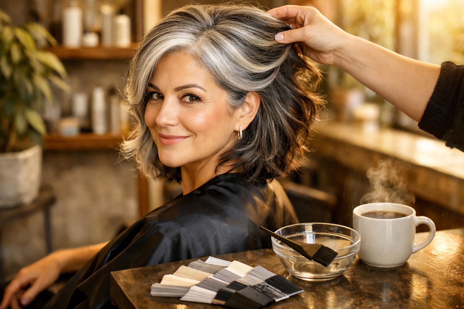 Mulher sorridente com cabelos grisalhos em salão de beleza, recebendo tratamento capilar.