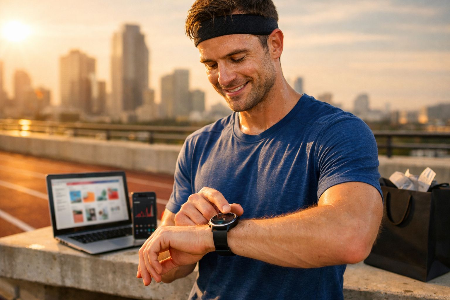 Homem fitness checando relógio inteligente ao ar livre com laptop e celular ao fundo ao pôr do sol.