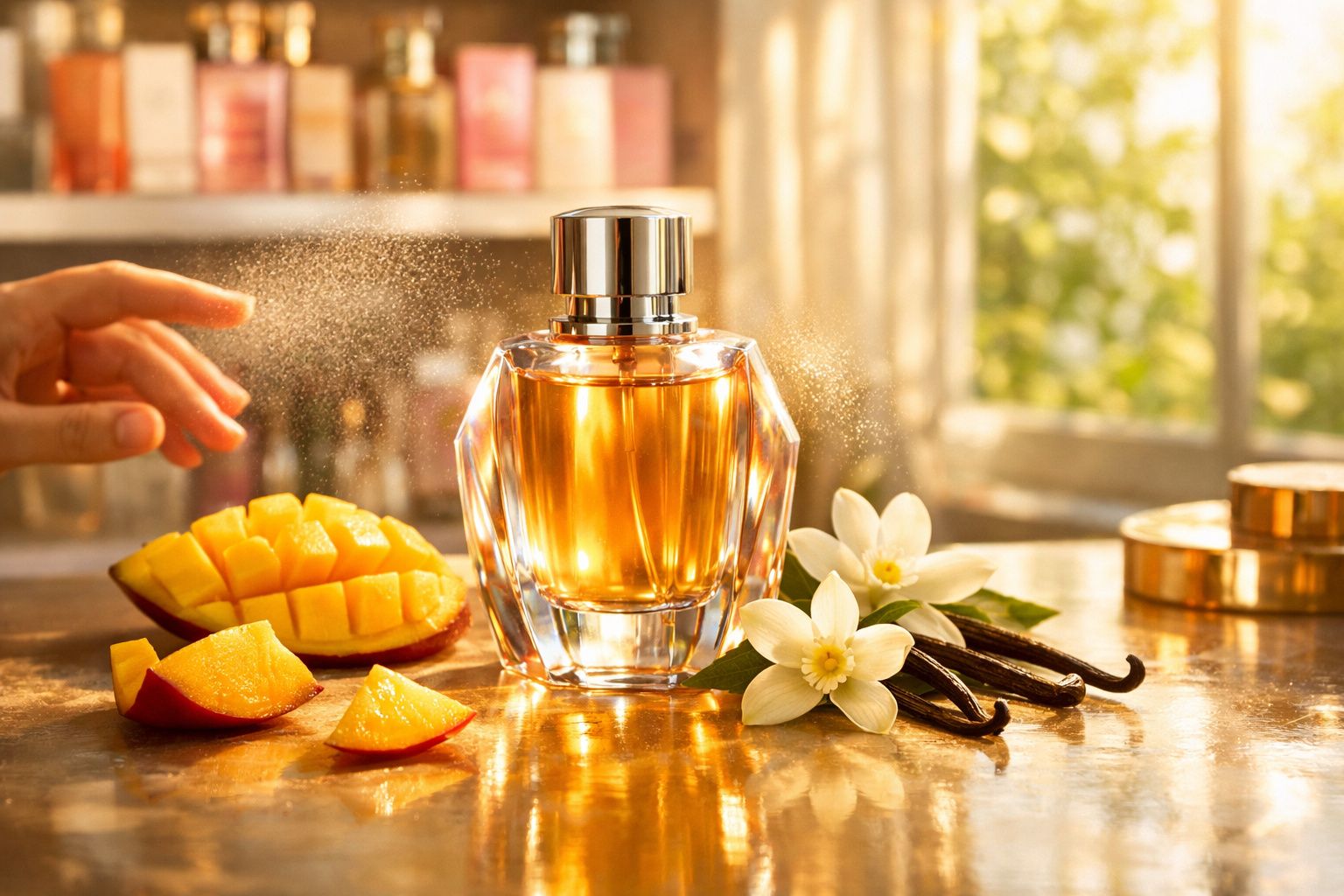 Frasco de perfume transparente com líquido âmbar, flores brancas, favas de baunilha e pedaços de manga ao lado.