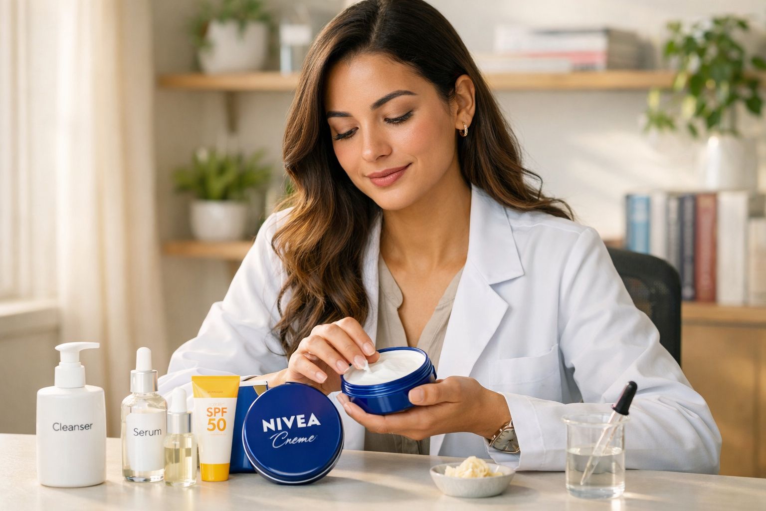 Mulher em jaleco branco pegando creme da Nivea em pote azul em mesa com produtos de skincare.