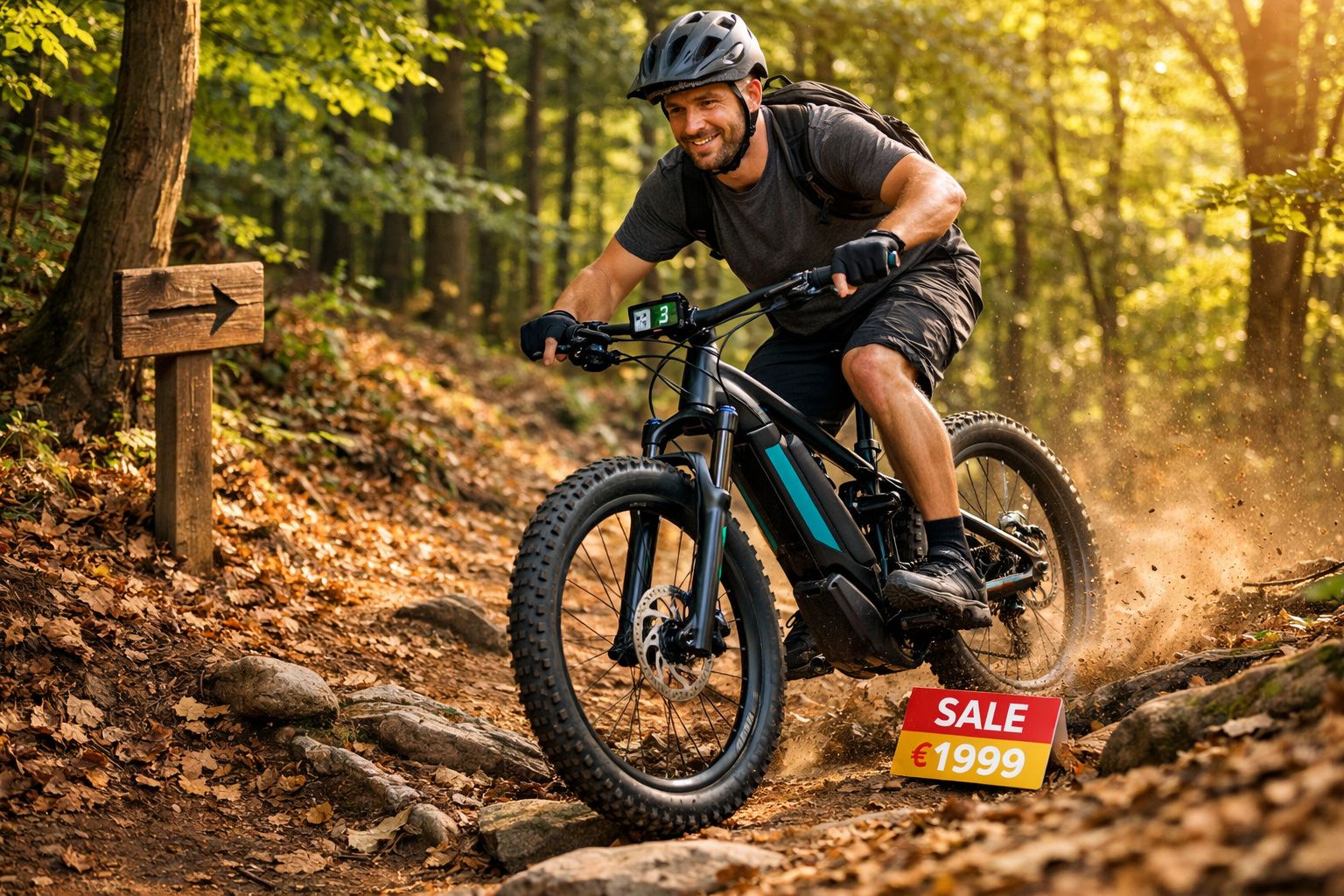 Homem com capacete pedalando bicicleta elétrica em trilha de terra na floresta, placa de venda €1999.