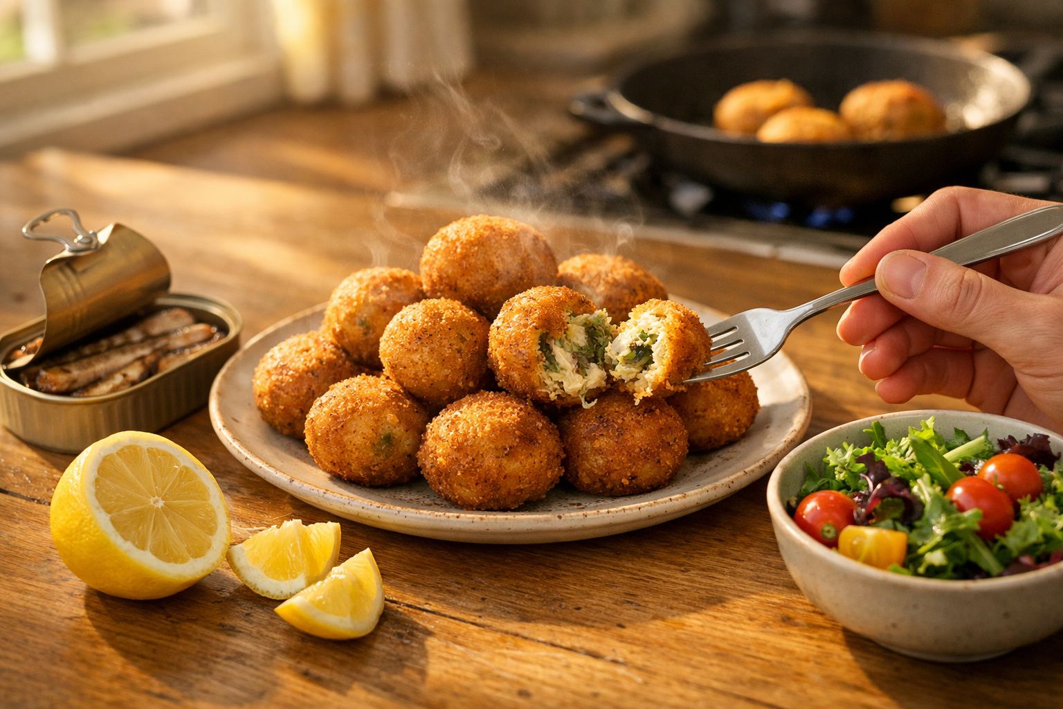 Bolinho empanado recheado com ervas em prato, limão ao lado e salada com tomate cereja.