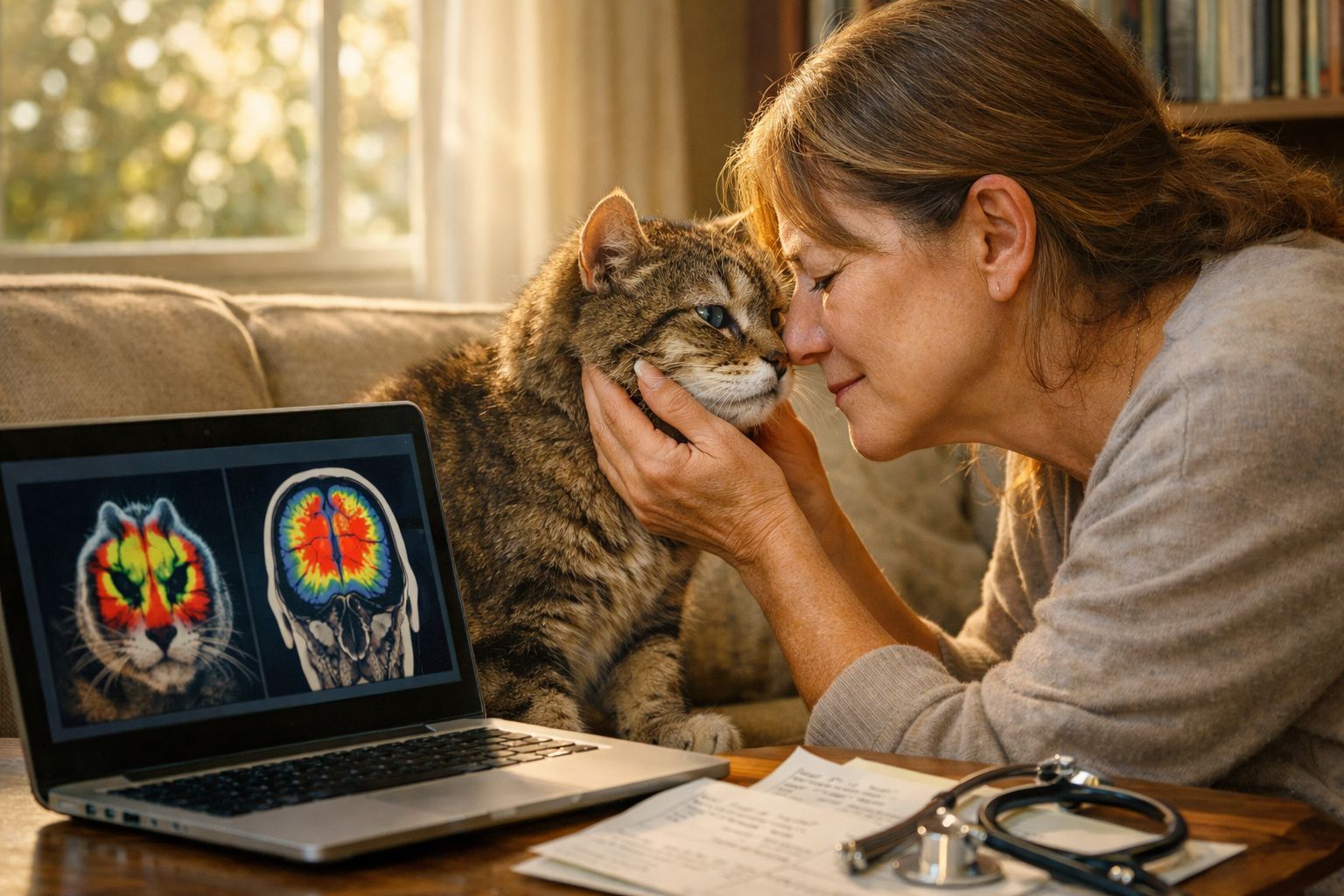 Mulher acariciando gato ao lado de notebook com imagens de ressonância magnética colorida.