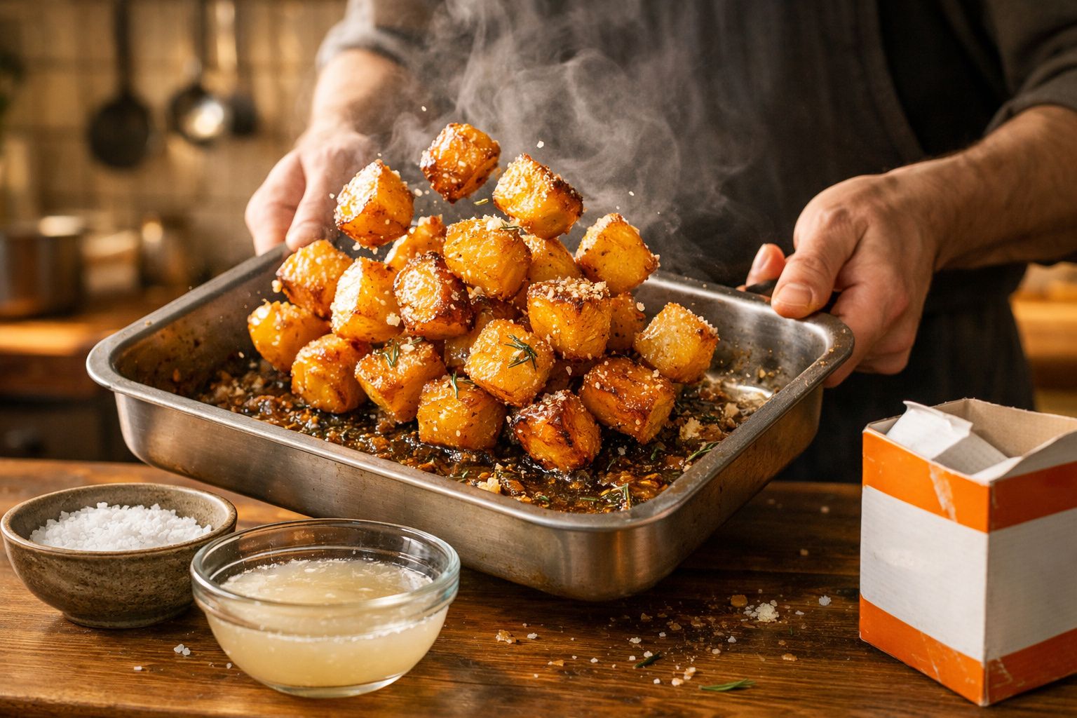 Batatas douradas em cubos com alho e sal, saindo quente de uma assadeira de metal, em uma cozinha.
