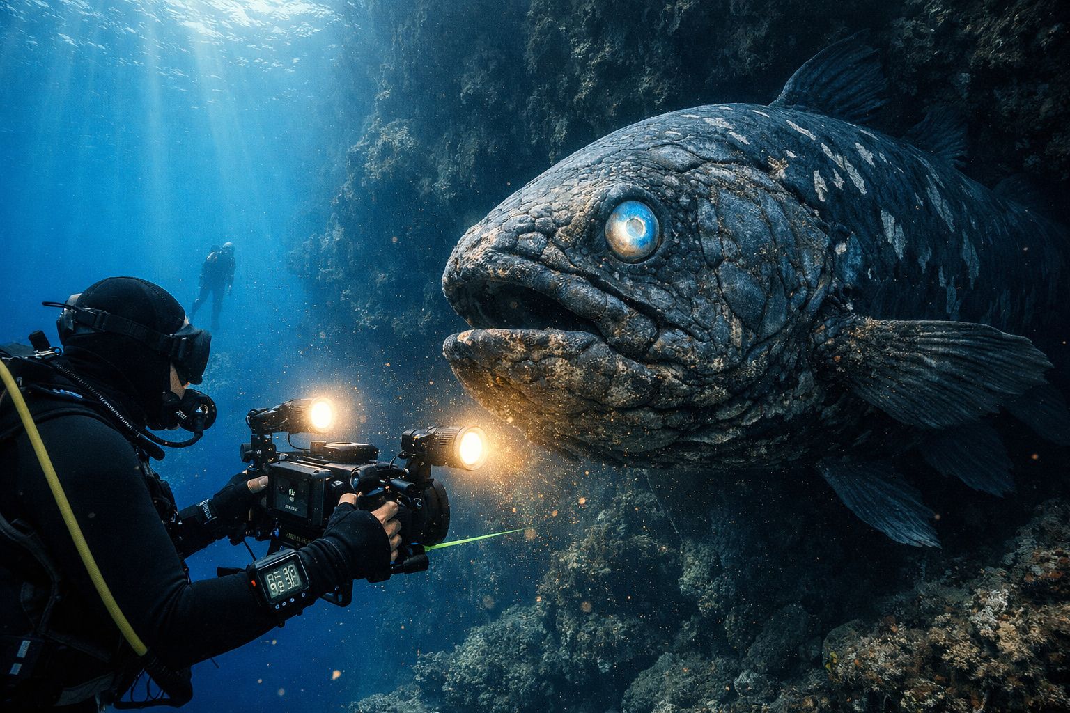 Mergulhador filmando peixe raro e gigante em ambiente submarino com luzes.